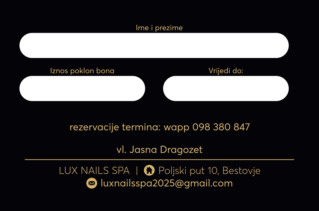 Poklon kartica Lux Nails Spa — zadnja strana